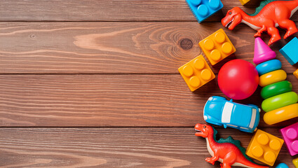 Colorful Toys on Wooden Surface
