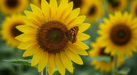 Obraz premium Close Up of a Butterfly on a Bright Yellow Sunflower in a Field