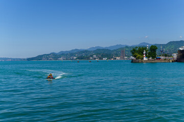 Landscape with Black Sea and ships in Batumi sea port