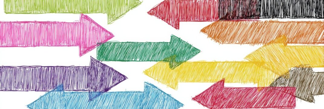 A collection of vibrant arrows sketched in various colors demonstrates dynamic movement and direction on a plain white backdrop, showcasing artistic expression.