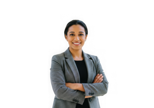 Confident businesswoman in gray suit with arms crossed isolated on transparent background