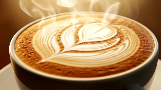 Close-up of a steaming latte art coffee drink, showcasing a beautiful leaf pattern on top.