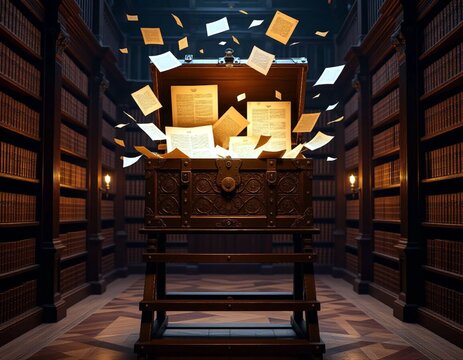 Mysterious library vault with a glowing box on a central table, dramatic skylight and towering shelves filled with ancient knowledge