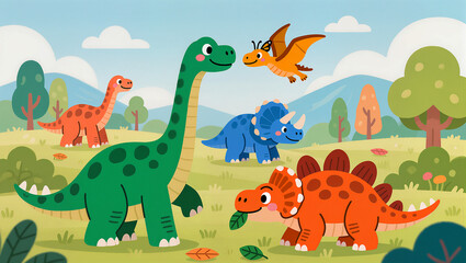 Happy Dinosaur Friends in a Colorful Landscape