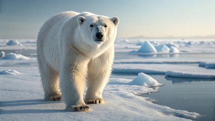 Majestic polar bear walks across icy arctic landscape under clear sky