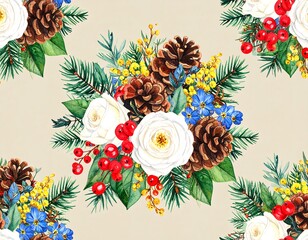 Watercolor floral pattern with pine cones and berries