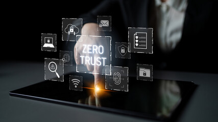 Fototapeta premium Zero trust model enhances data protection. Zero trust blocks unauthorized access, secures devices, zero trust defends networks, and zero trust verifies users continuously. Latch