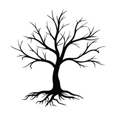 Obraz premium Bare Tree Silhouette with Roots Black Vector Illustration on White Background