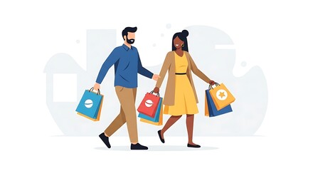 Illustration of couple happily shopping, carrying colorful shopping bags, isolated on white background