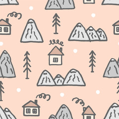 Vector seamless pattern with freehand drawn cartoon houses with windows chimney smoke mountains rocks fir trees snow snowflackes north made in kid childish style on pink background
