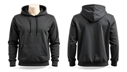 Front and back view of a dark gray hoodie on a mannequin