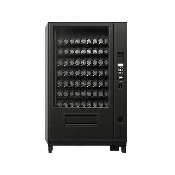  3d render of a black vending machine with 20 bottles, on a white background, front view