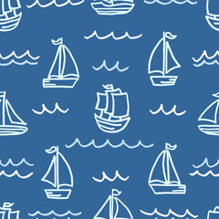 Vector seamless pattern with freehand drawn cartoon sea ocean sail sailing ships boats transport waves waves made in kid childish style on dark blue background