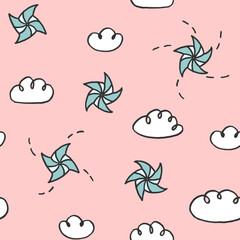 Vector seamless pattern with freehand drawn cartoon pinweels tracks clouds on blue background made in kid childish style