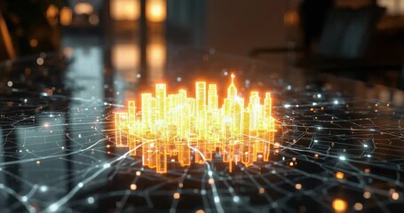 Forming luminous network grid with data nodes on conference table, projecting wireframe city model