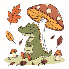 Relaxed expression on a Alligator in a Autumn theme, with under a mushroom – Autumn Leaves vector art