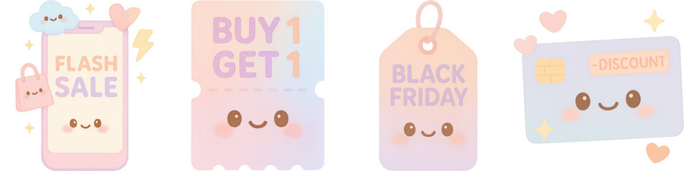 Flash sale black friday discount clipart png cute shopping tag card coupon mobile phone smiling kawaii pastel sale promotion
