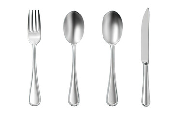 Four classic silver-toned eating utensils a fork, two spoons, and a knife.  Each utensil has a polished, reflective surface and a slender handle.  