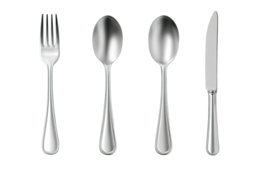 Four classic silver-toned eating utensils a fork, two spoons, and a knife.  Each utensil has a polished, reflective surface and a slender handle.  