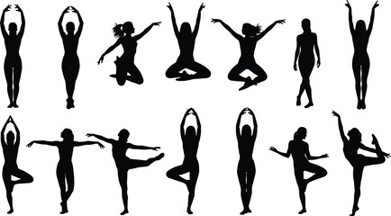 Black silhouette vector set of twelve ballet and dance poses, performance clipart icons, artistic movement illustration for choreography, fitness, and decoration
