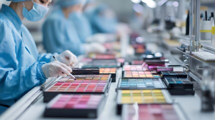 Cosmetics factory workers, wearing hairnets, gloves, and masks, inspecting eyeshadow palettes on the production line of a makeup manufacturing facility, ensuring quality and compliance