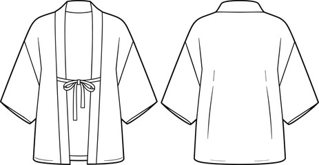 Kimono style fashion technical flat sketch front and back view with belt, wide sleeves, loose fit garment vector illustration