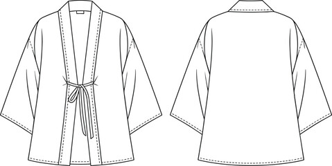Kimono technical fashion illustration front back view wrap style wide sleeves belt tie minimalist garment vector sketch construction template © Ideasy Mind