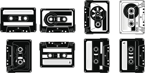 Set of eight retro audio cassette tape vector illustrations with different reel designs, labels, and casing details in black and white