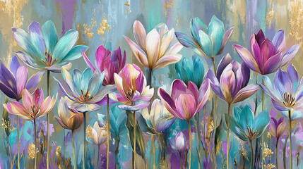 watercolor pictures Natural little a Tulip flower field in a lifestyle style expressing wonder with pastel floral shades and golden lighting harmony