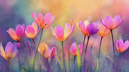 watercolor pictures Natural little a  Tulip flower field in a lifestyle style expressing wonder with pastel floral shades and golden lighting harmony