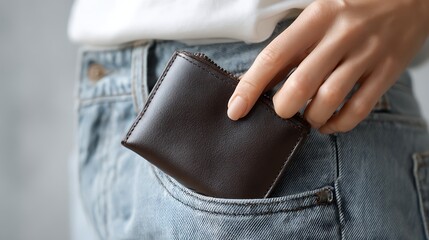 Fototapeta premium Hand placing a brown leather wallet with a zipper into the front pocket of light blue denim jeans