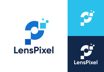 letter P with lens digital logo. vision digital technology icon design concept