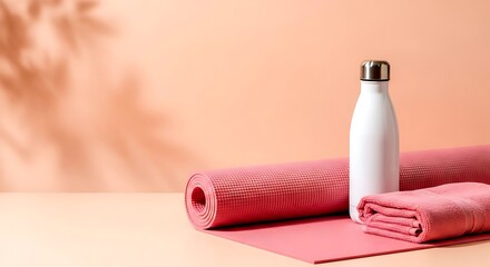 Yoga mat, towel, and water bottle on a peach background with leaf shadow