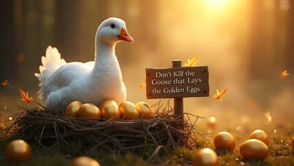 Golden goose laying eggs in nest, business investment strategy and fable for wealth creation concept