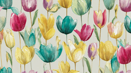 watercolor pictures Natural little a  Tulip flower field in a lifestyle style expressing wonder with pastel floral shades and golden lighting harmony