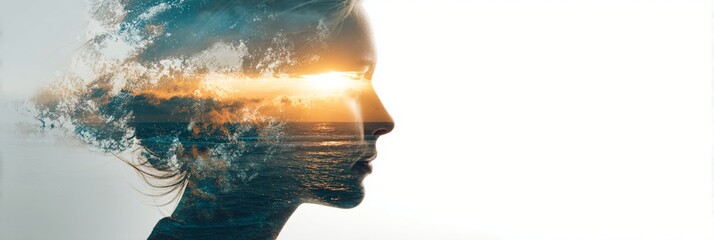 A serene double exposure image combining a woman's profile with a vibrant ocean sunset, symbolizing the connection between nature and human emotions, evoking tranquility and introspection.