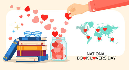Illustration design vector art of national book lovers day with hearts and books illustration