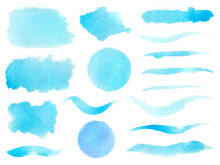 Watercolor blue brush stains. Pastel colored hand drawn brush strokes set
