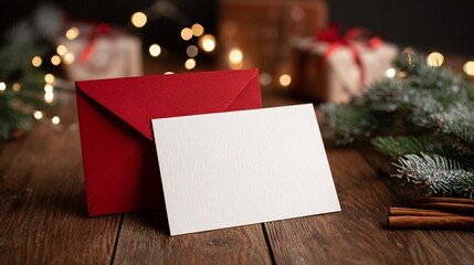 Festive holiday greeting card mockup with red envelope, blank white card, and blurred Christmas lights on rustic wooden background