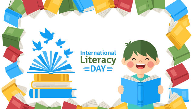 Illustration design vector art of happy boy reading book for international literacy day