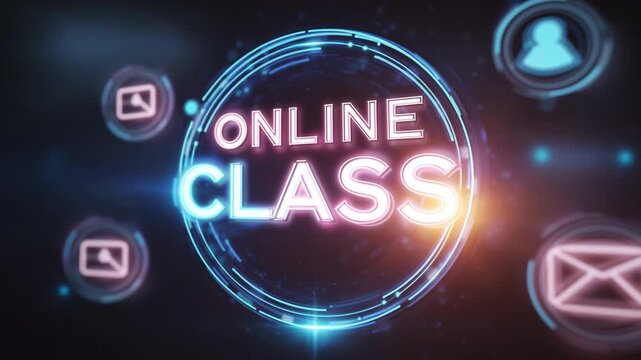 Online class digital learning virtual education internet technology glowing futuristic communication remote modern innovative course distance study with bright neon text and digital icons