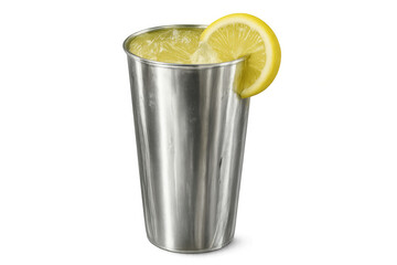Refreshing lemonade in metal tumbler, chilled with bright lemon garnish, capturing summer coolness