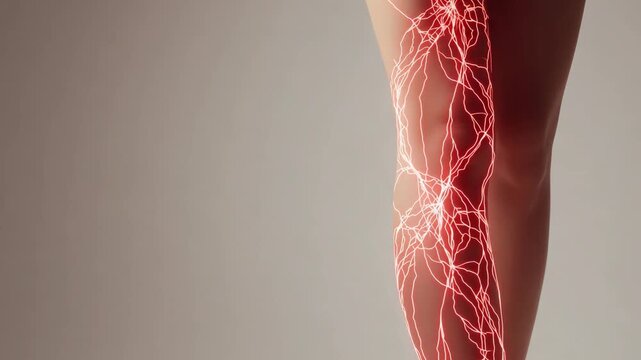 Closeup medical visualization of a human leg showing varicose veins and circulatory pathways on a neutral background.