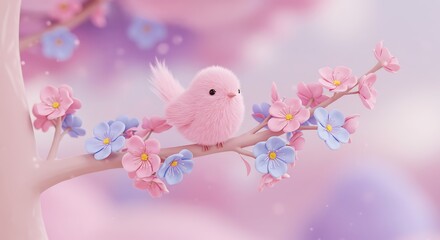 Fototapeta premium Adorable Pink Bird on Flowering Branch, Pastel Spring Scene