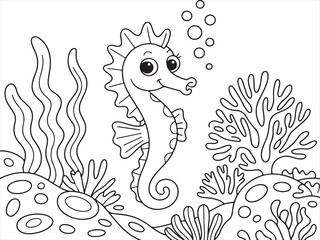 Obraz premium Ocean Life, Seahorse Surrounded by Marine Plants and Bubbles