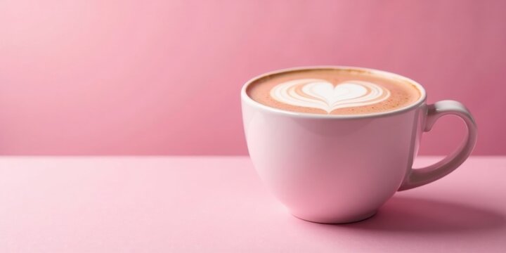 A Pink Mug of Latte Art, a Heart-Shaped Design on Creamy Foam, Resting on a Matching Pink Surface