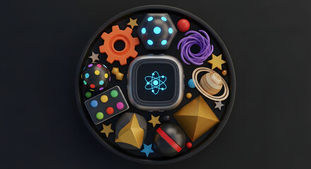 Collection of science and space themed 3D icons render