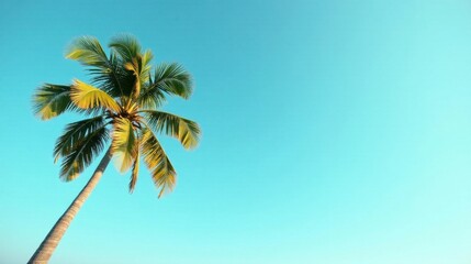 Serene tropical palm tree against a vibrant azure sky, a picturesque scene of summer tranquility and idyllic relaxation, evoking feelings of warmth and escape.
