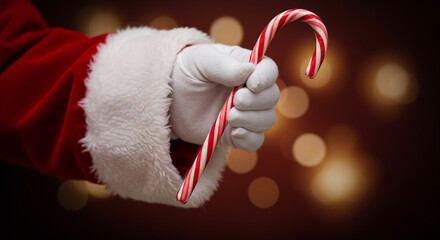 Santa Claus hand holding candy cane, spreading Christmas cheer with festive holiday spirit