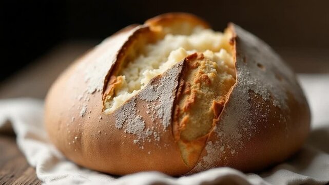 A fresh loaf of bread wrapped in a white napkin, perfect for a sandwich or toast
